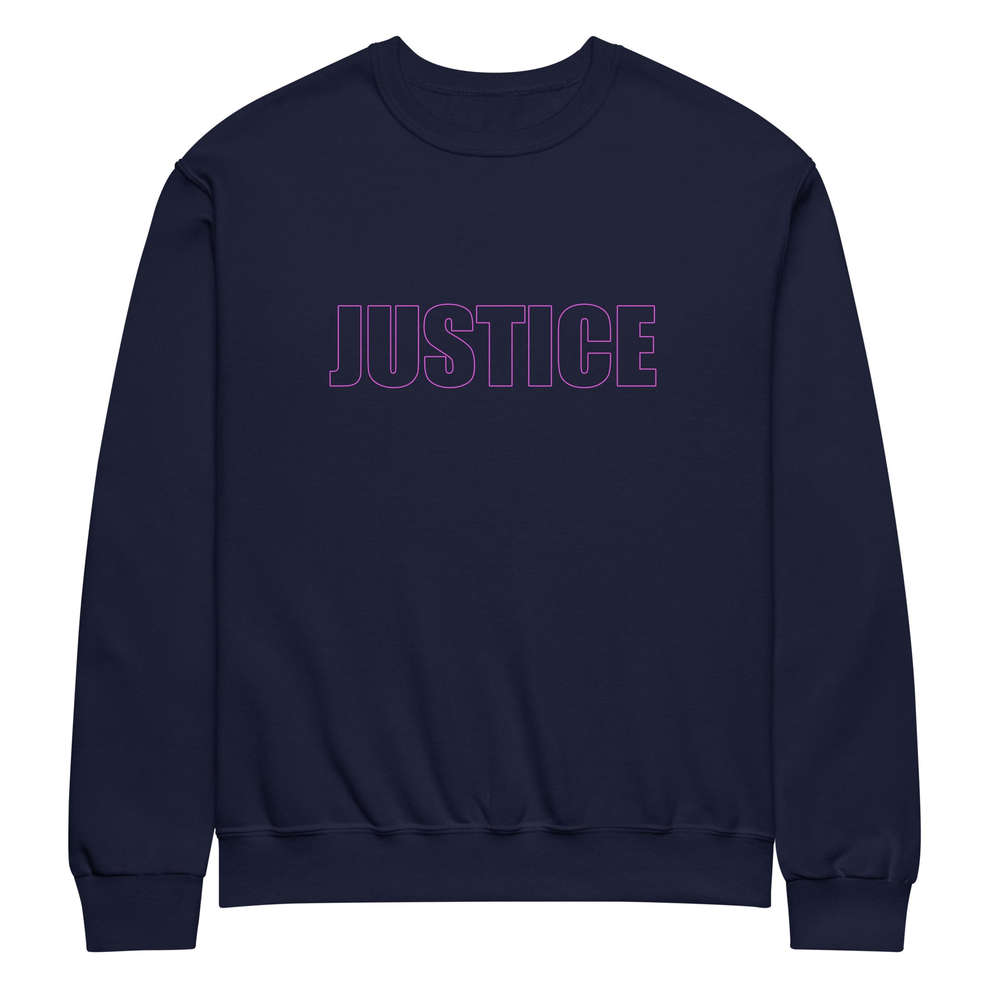 J. navy blue classic unisex crew neck sweatshirt with block capital  silhouette text outlined in pink with the word 'JUSTICE'