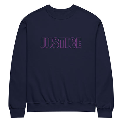 J. navy blue classic unisex crew neck sweatshirt with block capital  silhouette text outlined in pink with the word 'JUSTICE'