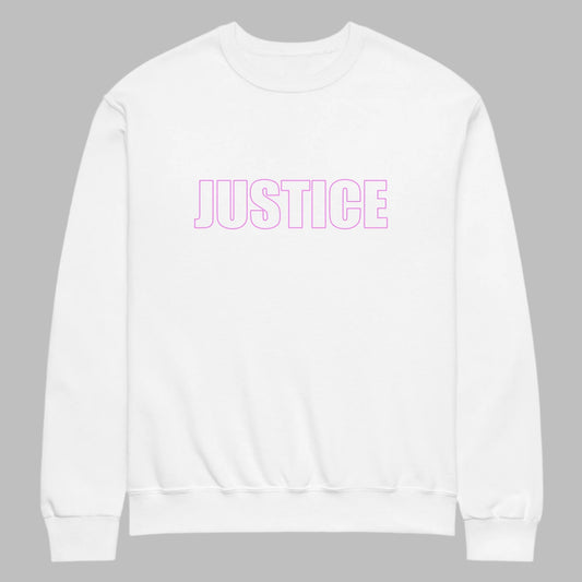 White classic unisex crew neck sweatshirt with block capital  silhouette text outlined in pink with the word 'JUSTICE'