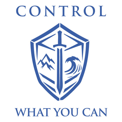 Minimalist Stoic shield emblem with the words “CONTROL” above and “WHAT YOU CAN” below in structured serif typography using blue ink on white background.