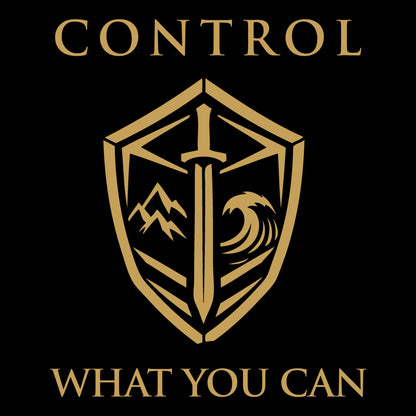 Minimalist Stoic shield emblem with the words “CONTROL” above and “WHAT YOU CAN” below in structured serif typography using bronze ink on black background.
