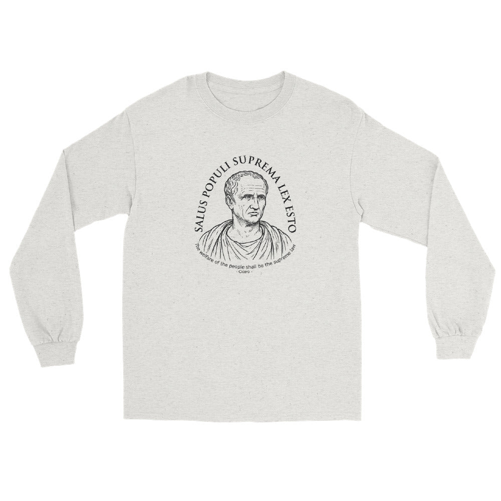 Ash Cicero Salus Populi long-sleeve T-shirt design featuring the Roman statesman Cicero and the quote “Salus populi suprema lex esto — The welfare of the people shall be the supreme law.”