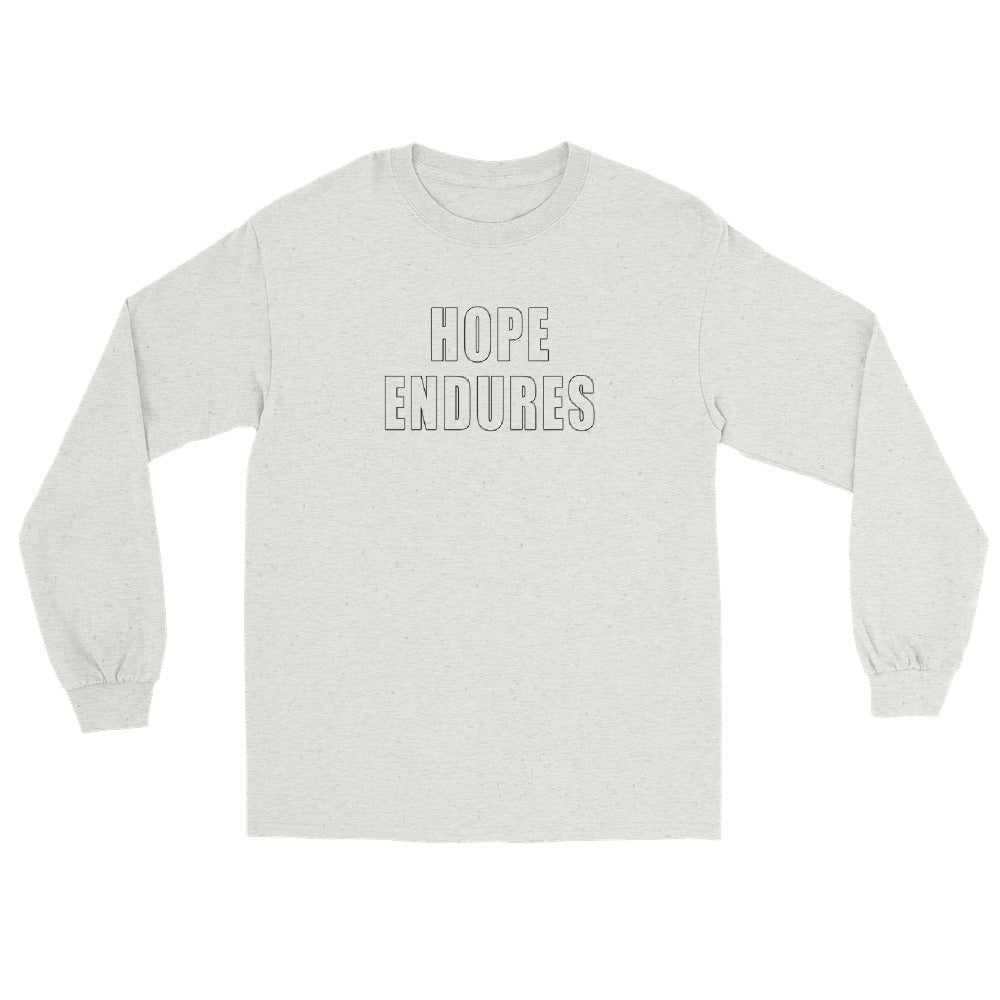 Ash long sleeve shirt with outline block capital text "Hope Endures" in black ink.
