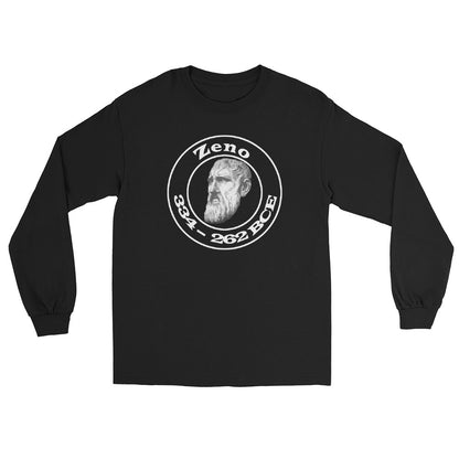 Black long sleeve t-shirt with a bust of Zeno of Citium in the center of a collegiate design with two circles the word "Zeno" and "334 - 262 BCE" in white ink.