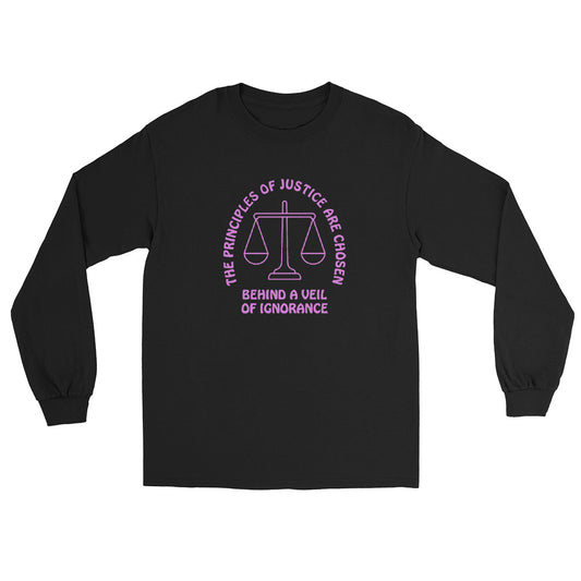 Black long sleeve t-shirt with pink text in an arch over a line drawing of the scales of justice "The Principles Of Justice Are Chosen" and horizontally cross the bottom of the design in two lines "Behind A Veil Of Ignorance"