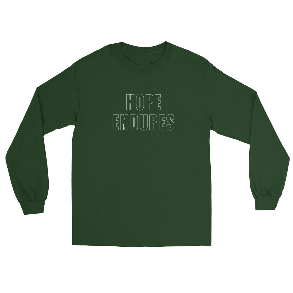 Forest Green long sleeve shirt with outline block capital text "Hope Endures" in white ink.