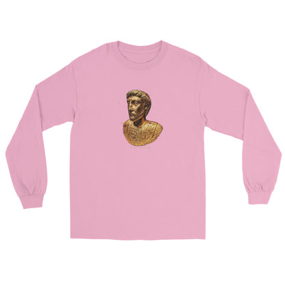 Light pink long sleeve t-shirt with an image of a gold bust of Marcus Aurelius and the name "Marcus Aurelius under the image.