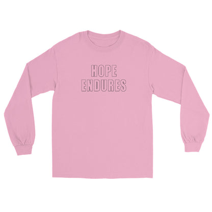 Light pink long sleeve shirt with outline block capital text "Hope Endures" in black ink.