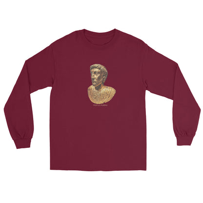 Maroon long sleeve t-shirt with an image of a gold bust of Marcus Aurelius and the name "Marcus Aurelius under the image.