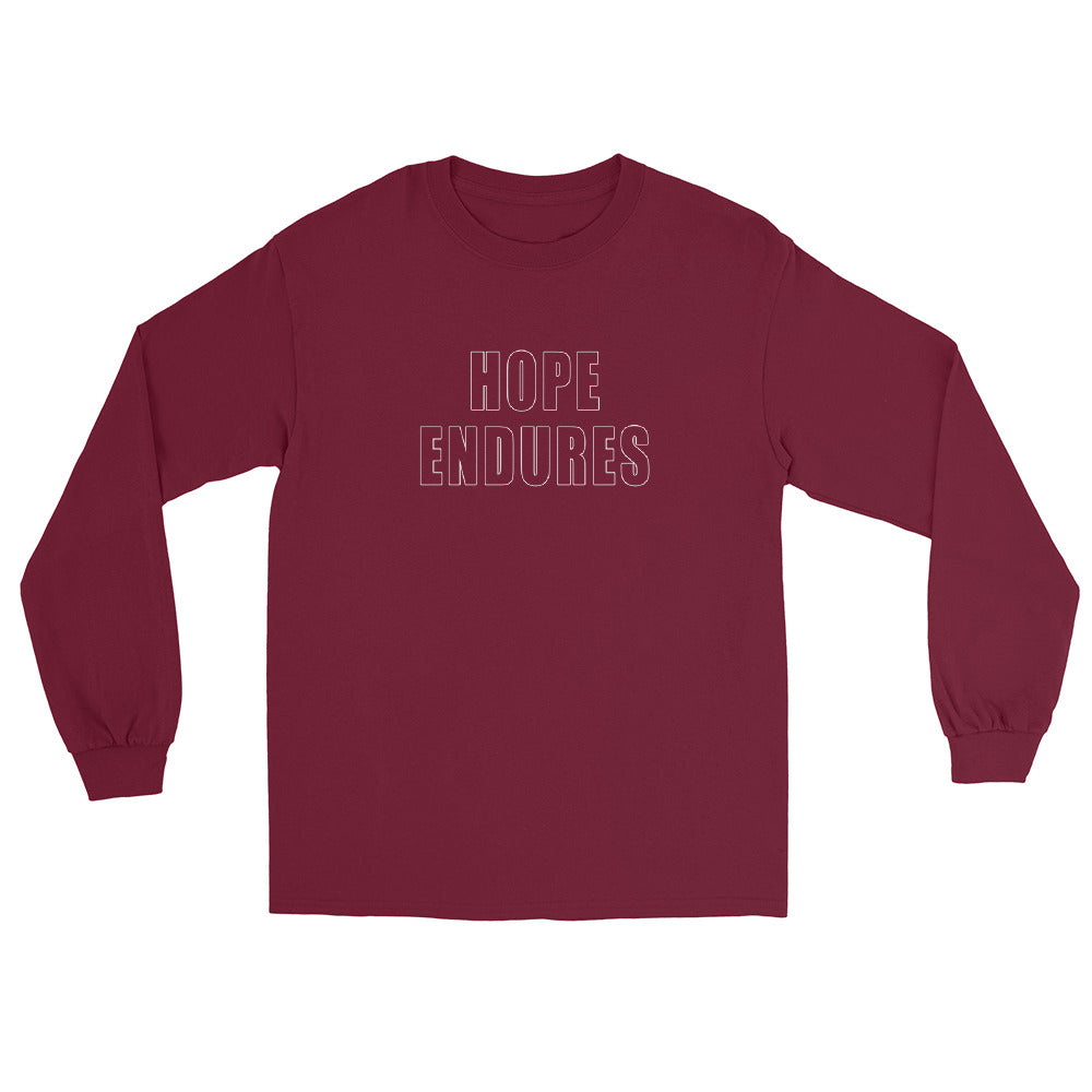 Maroon long sleeve shirt with outline block capital text "Hope Endures" in white ink.