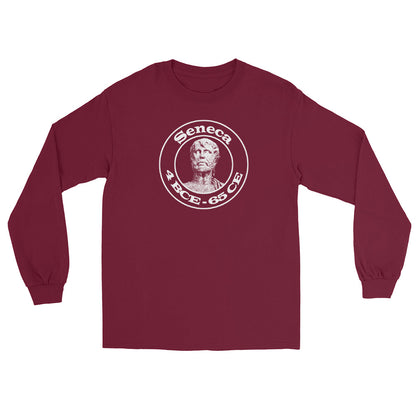 Maroon long sleeve t-shirt with a collegiate double circle design with a bust of Seneca in the center with text "Seneca" and "4 BCE - CE" in white ink.