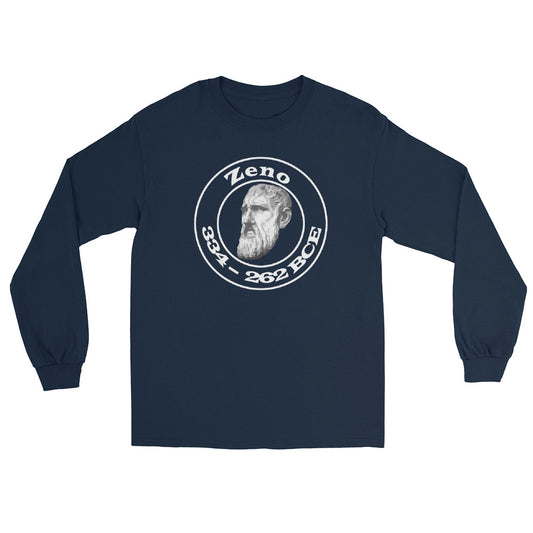 Navy blue long sleeve t-shirt with a bust of Zeno of Citium in the center of a collegiate design with two circles the word "Zeno" and "334 - 262 BCE" in white ink.