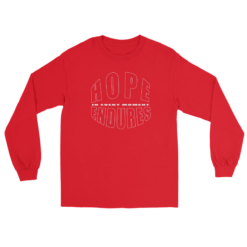 Red long sleeve T-shirt with the words “Hope Endures – In Every Moment” in elegant white typography, inspirational quote design for everyday wear.