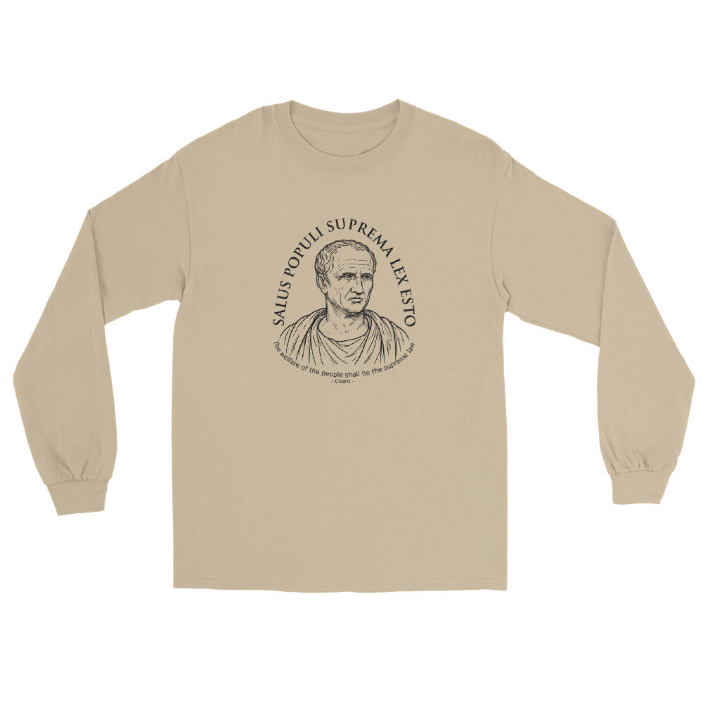 Sand Cicero Salus Populi long-sleeve T-shirt design featuring the Roman statesman Cicero and the quote “Salus populi suprema lex esto — The welfare of the people shall be the supreme law.”