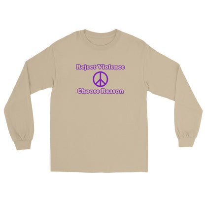 Sand color t-shirt with burple text "Reject Violence" then a peace symbol then text " Choose Reason"