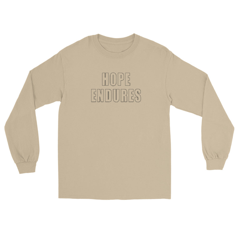 Sand long sleeve shirt with outline block capital text "Hope Endures" in black ink.