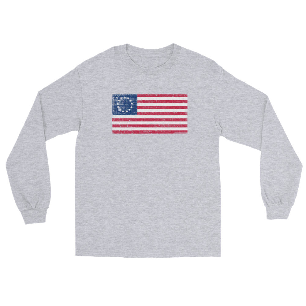 Sport grey long sleeve t-shirt with a distressed vintage style image of the original 13 star Betsy Ross Flag.