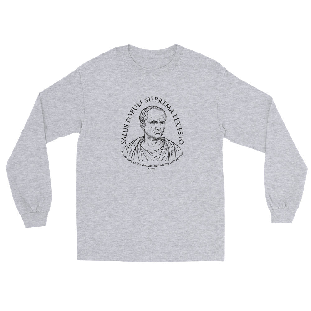 Sport grey Cicero Salus Populi long-sleeve T-shirt design featuring the Roman statesman Cicero and the quote “Salus populi suprema lex esto — The welfare of the people shall be the supreme law.”