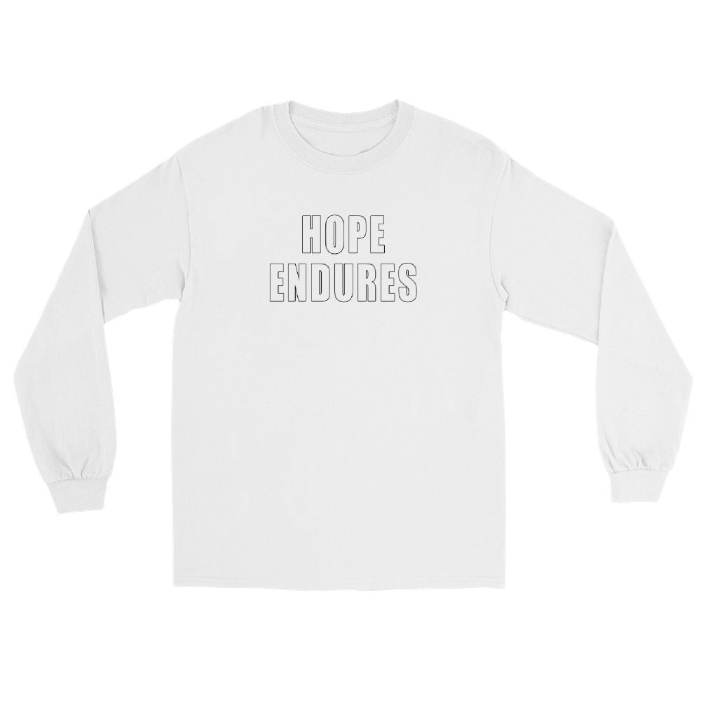 White long sleeve shirt with outline block capital text "Hope Endures" in black ink.