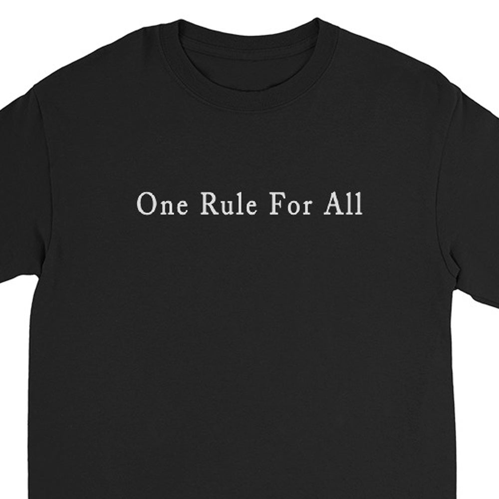A black long-sleeve crewneck t-shirt with the phrase 'One Rule For All' printed in white serif text across the chest, shown against a plain white background.