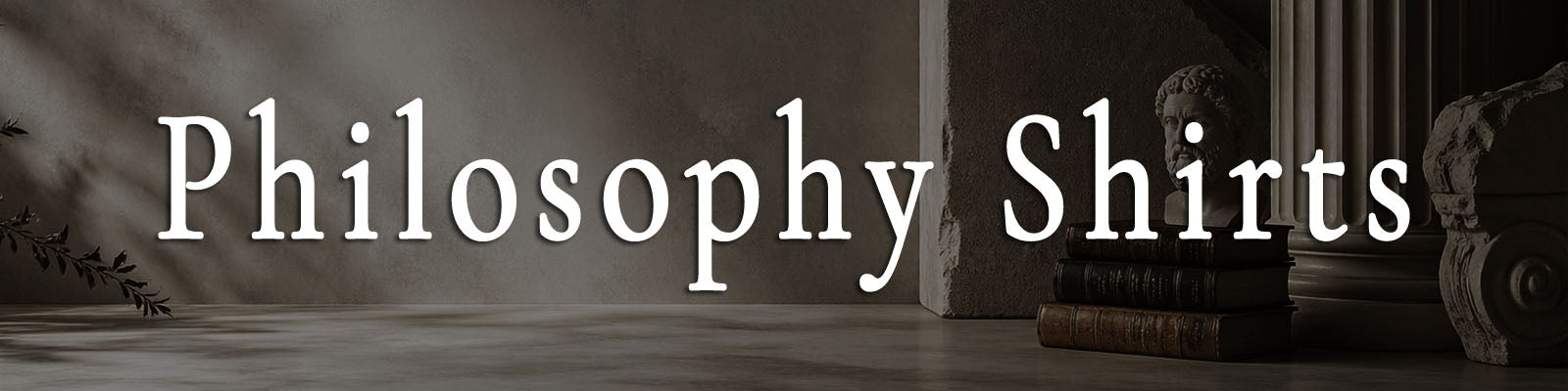 Text 'Philosophy Shirts' with classical architecture and statue in the background