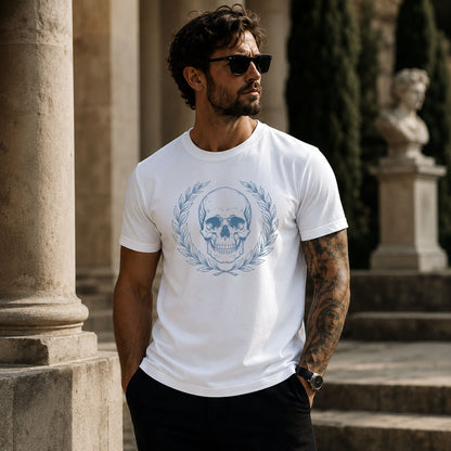 Person wearing a white t-shirt with engraved Roman-style skull with laurel wreath in minimalist stoic philosophy design