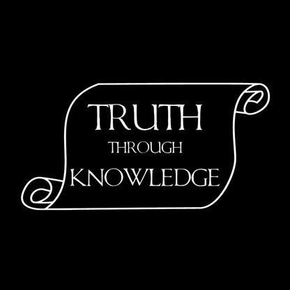 Outline of a scroll with the words "Truth through Knowledge" on black background