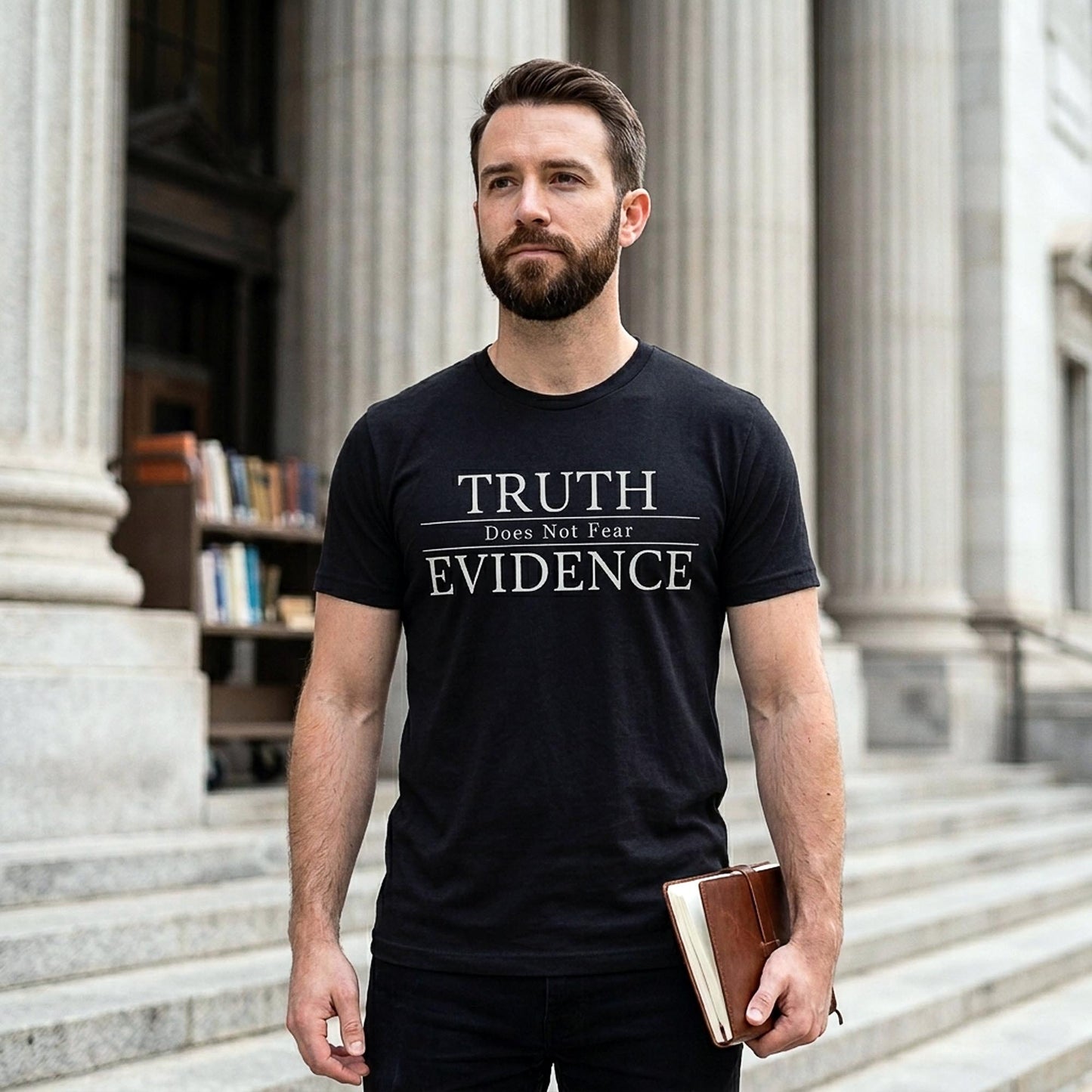 Man wearing a black t-shirt with 'TRUTH Does Not Fear EVIDENCE' text, standing in front of classical architecture.