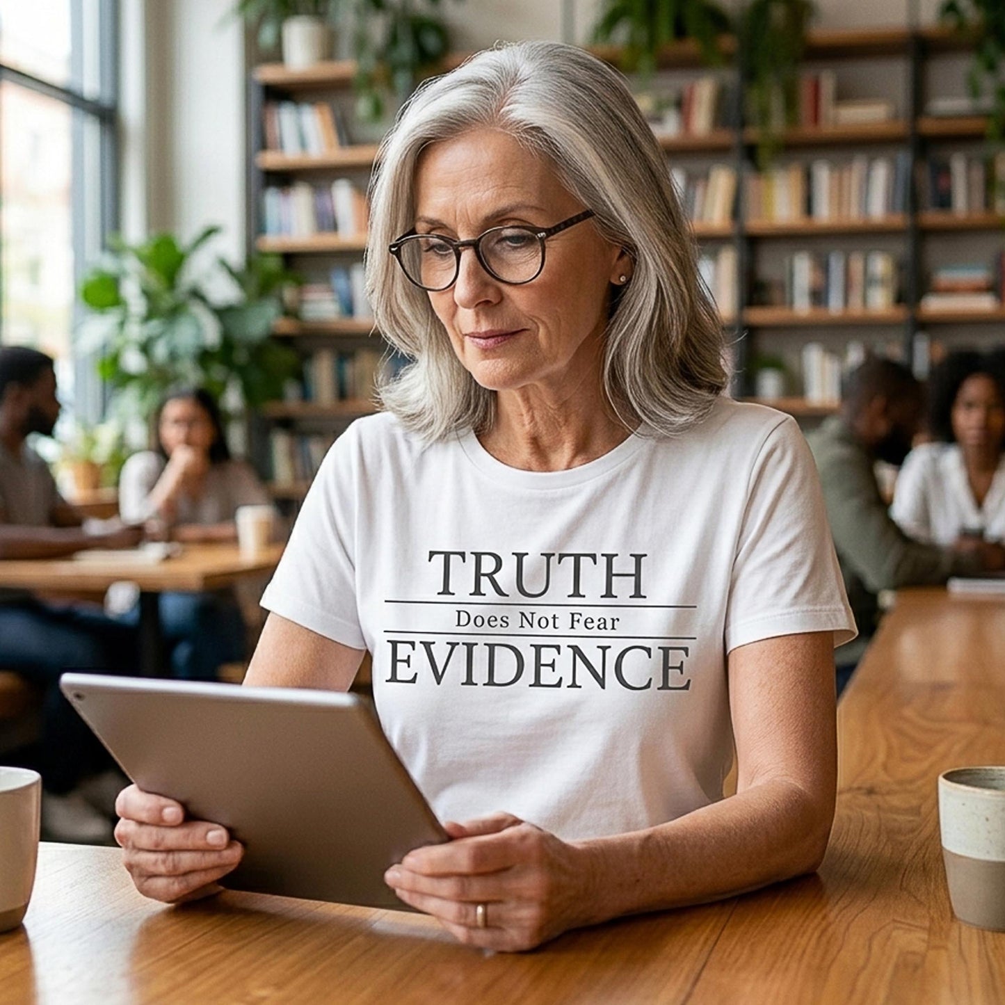 Woman in a library wearing a shirt with 'Truth Does Not Fear Evidence' holding a tablet.