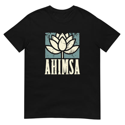 Black t-shirt with distressed lotus flower graphic above the word “AHIMSA,” representing nonviolence, peace, and compassion