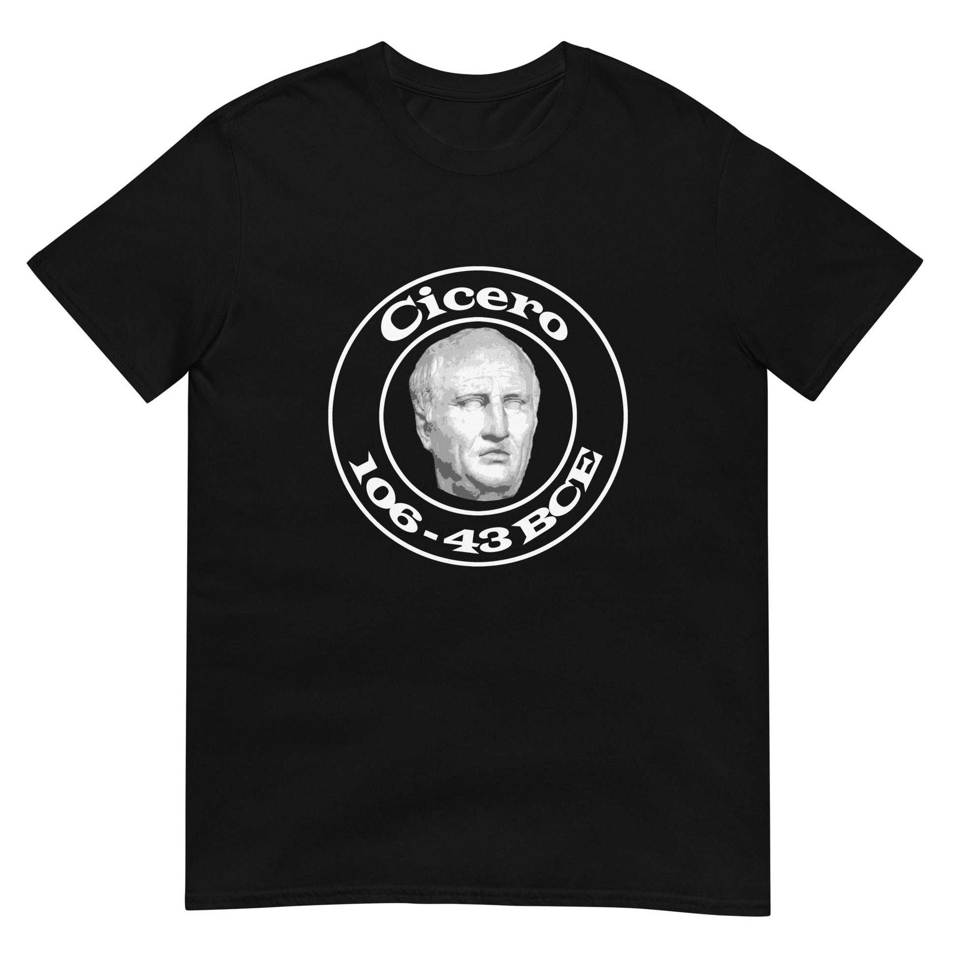 black t-shirt with collegiate style design, concentric circles in the center a bust of Cicero, the Roman philosopher with his name and dates 106-43 BCE
