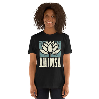 Person wearing a black t-shirt with a distress image of a lotus flower and the text "AHIMSA"