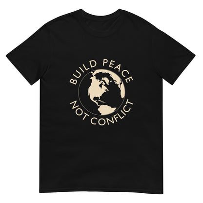 Black t-shirt with Earth graphic and the words “Build Peace Not Conflict” in a circular design, inspired by Kant’s Perpetual Peace philosophy