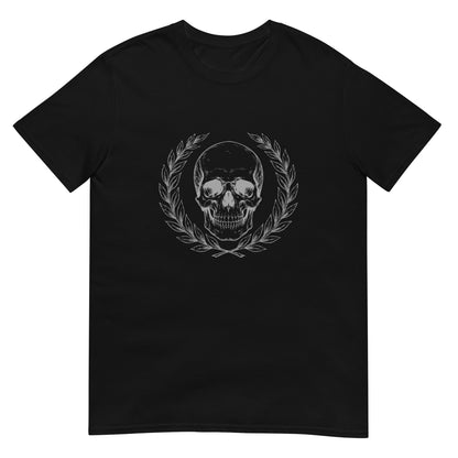 Black t-shirt with engraved Roman-style skull with laurel wreath in minimalist stoic philosophy design