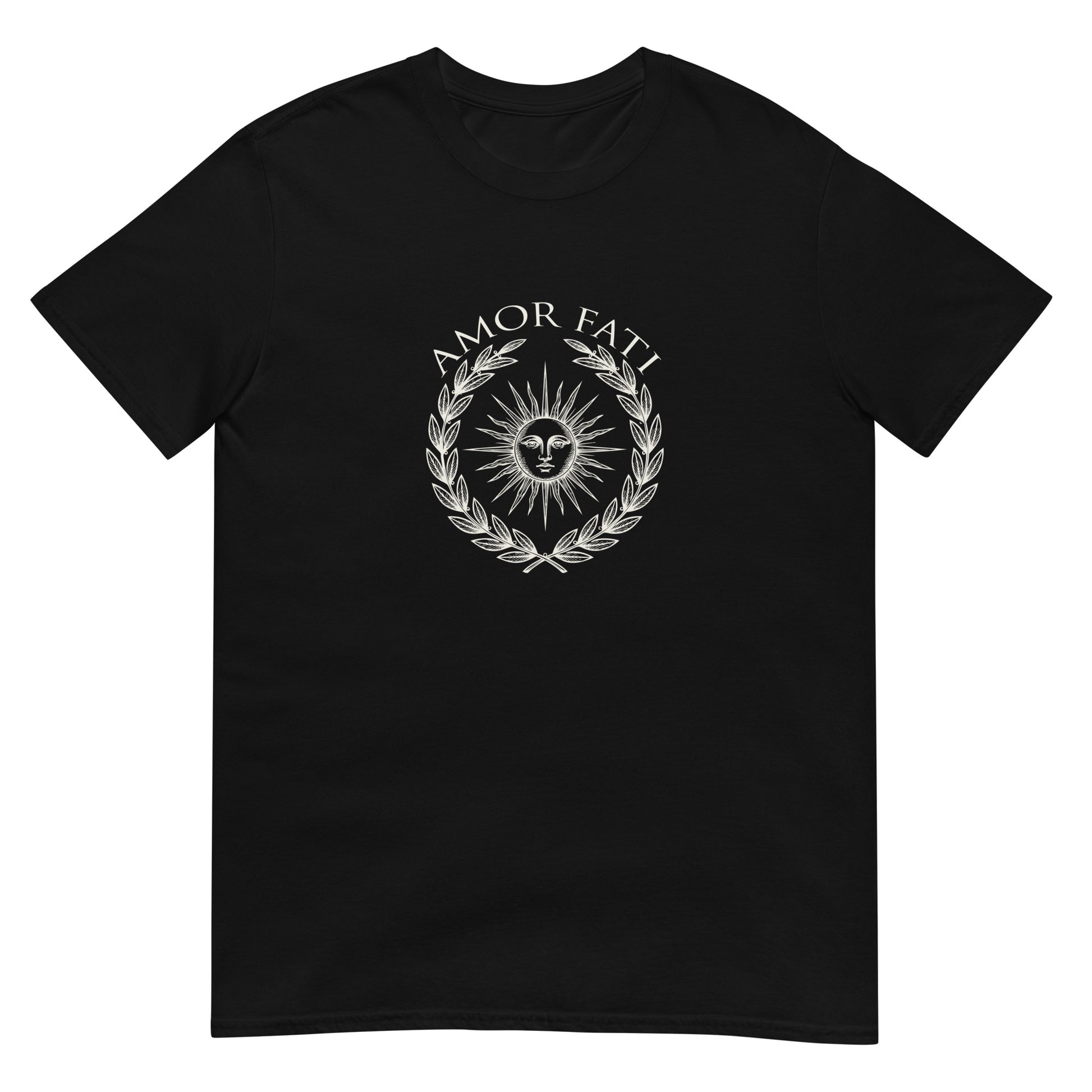Black classical Stoic philosophy t-shirt design featuring a radiant sun centered within a laurel wreath, rendered in an engraved vintage style emblem representing Amor Fati acceptance and Stoic wisdom.