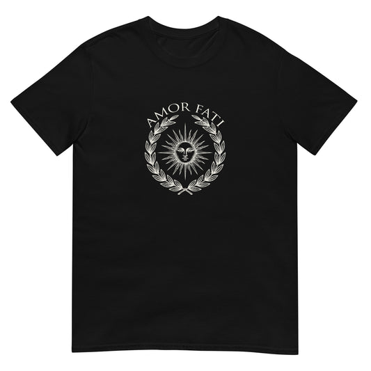 Black classical Stoic philosophy t-shirt design featuring a radiant sun centered within a laurel wreath, rendered in an engraved vintage style emblem representing Amor Fati acceptance and Stoic wisdom.