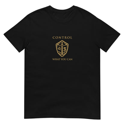Black Control What You Can Stoic philosophy t-shirt featuring a minimalist shield emblem with structured serif typography in a clean symmetrical design.