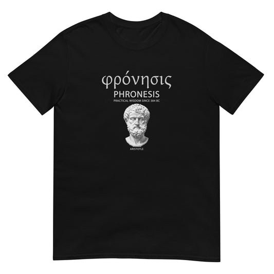 Black Phronesis T-shirt with an Aristotle portrait, Greek lettering, and “Practical Wisdom Since 384 BC” text, front view.