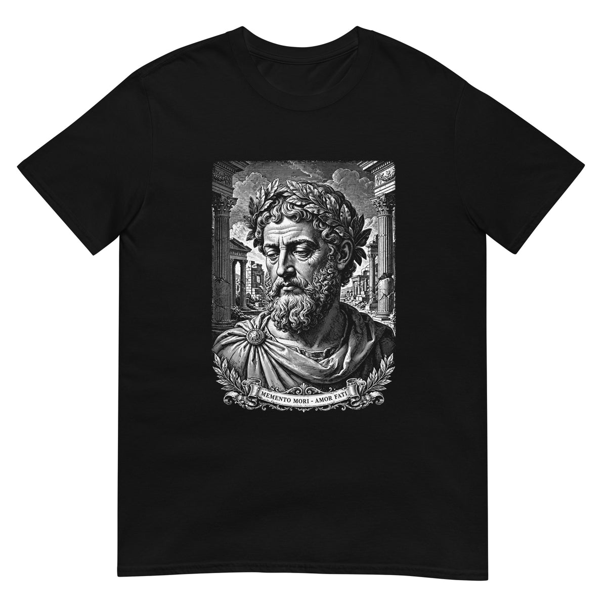 Black Memento Mori Amor Fati T-shirt featuring a Marcus Aurelius-inspired portrait with Roman columns and engraved-style artwork