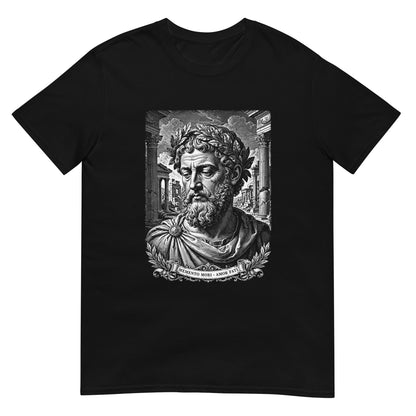 Black Memento Mori Amor Fati T-shirt featuring a Marcus Aurelius-inspired portrait with Roman columns and engraved-style artwork