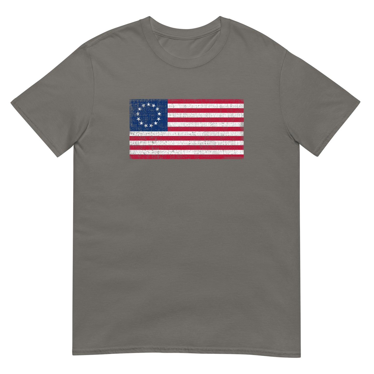Charcoal unisex t-shirt with a distressed  image of a Betsy Ross Flag with 13 stars.