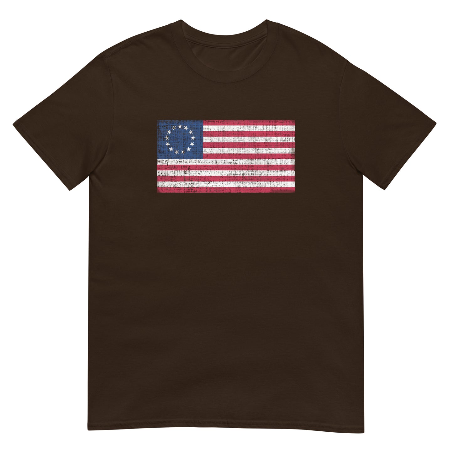 Dark Chocolate unisex t-shirt with a distressed  image of a Betsy Ross Flag with 13 stars.
