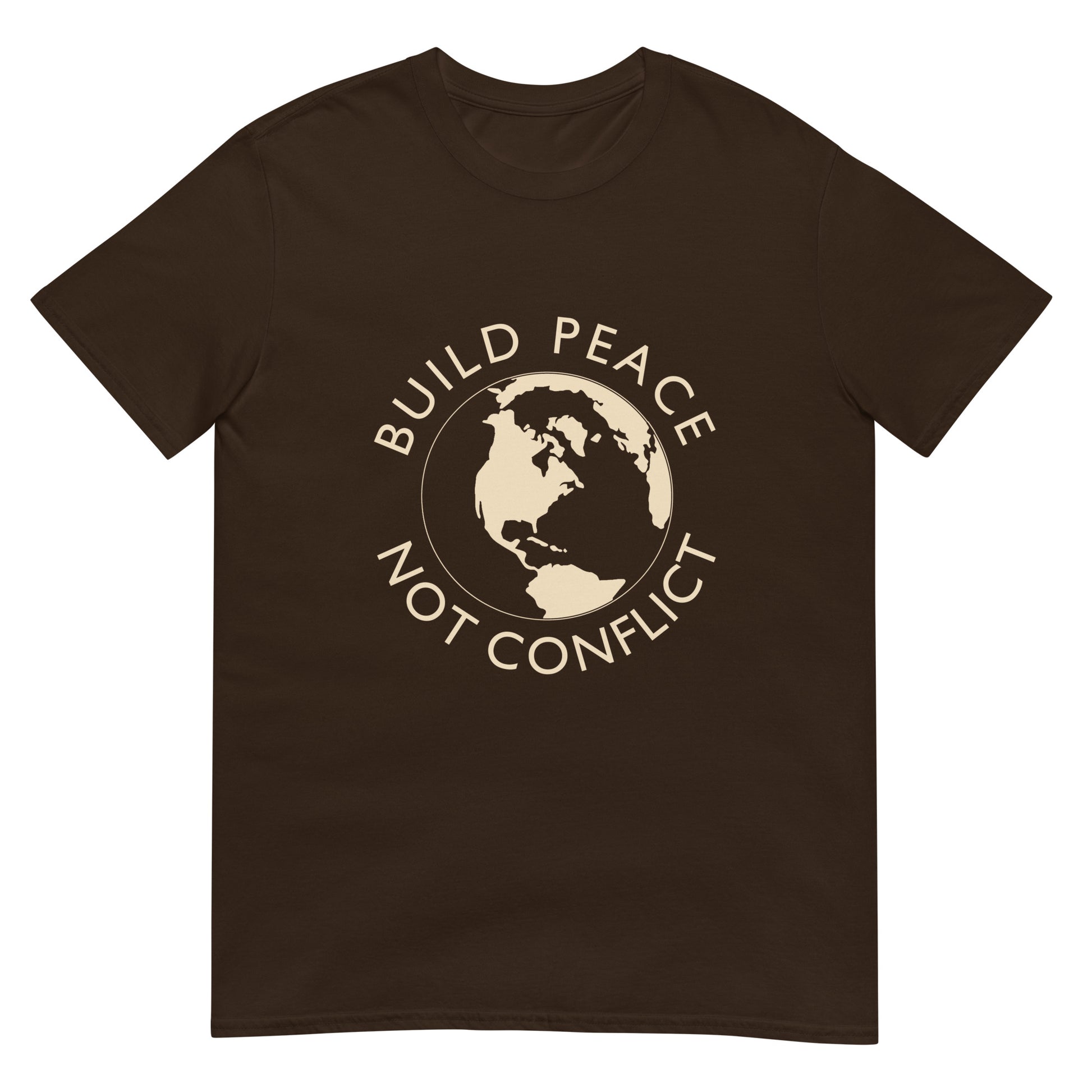 Dark chocolate t-shirt with Earth graphic and the words “Build Peace Not Conflict” in a circular design, inspired by Kant’s Perpetual Peace philosophy
