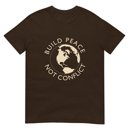 Dark chocolate t-shirt with Earth graphic and the words “Build Peace Not Conflict” in a circular design, inspired by Kant’s Perpetual Peace philosophy