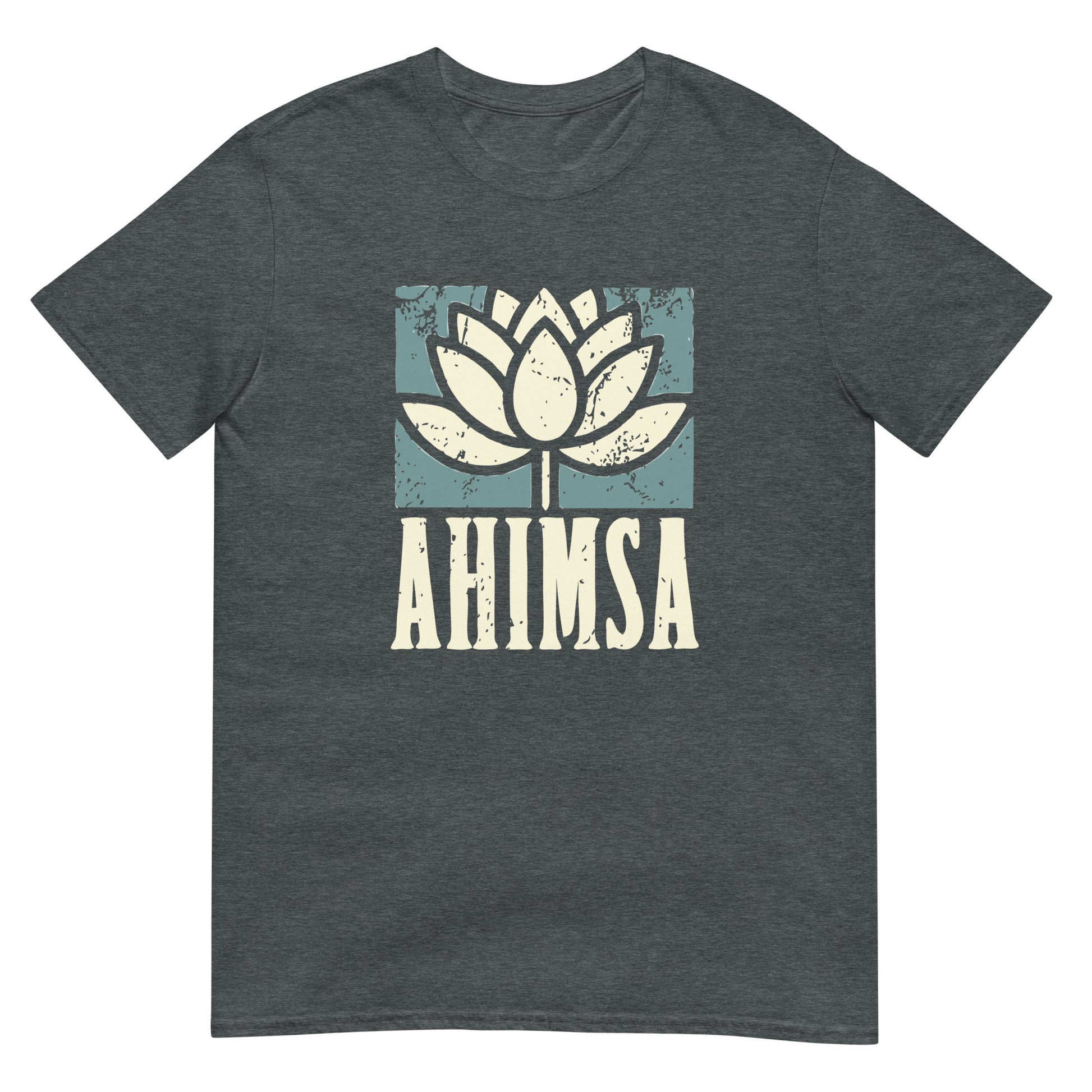 Dark heather t-shirt with distressed lotus flower graphic above the word “AHIMSA,” representing nonviolence, peace, and compassion
