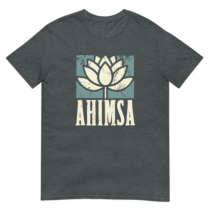 Dark heather t-shirt with distressed lotus flower graphic above the word “AHIMSA,” representing nonviolence, peace, and compassion