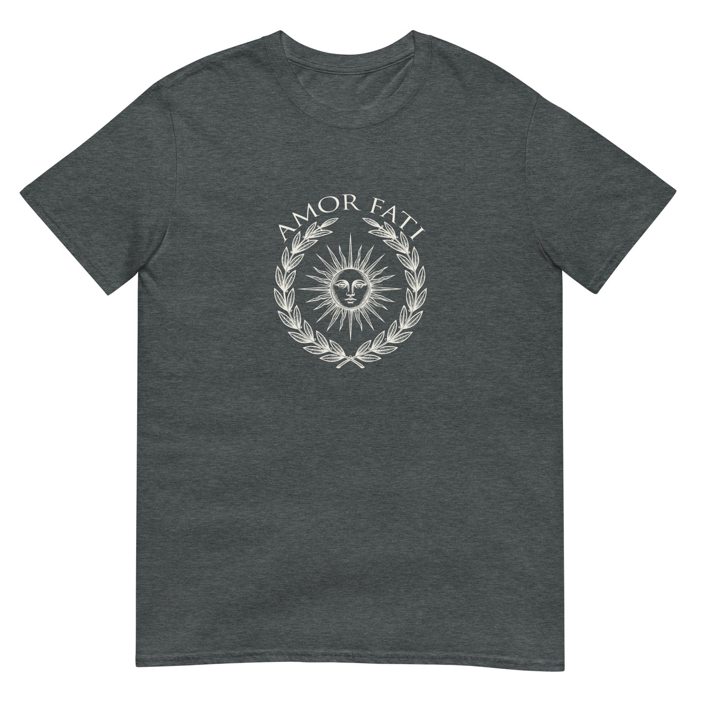 Dark heather classical Stoic philosophy t-shirt design featuring a radiant sun centered within a laurel wreath, rendered in an engraved vintage style emblem representing Amor Fati acceptance and Stoic wisdom.