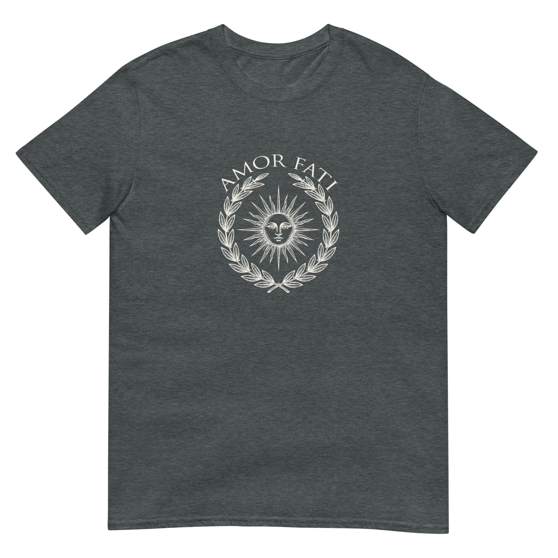 Dark heather classical Stoic philosophy t-shirt design featuring a radiant sun centered within a laurel wreath, rendered in an engraved vintage style emblem representing Amor Fati acceptance and Stoic wisdom.