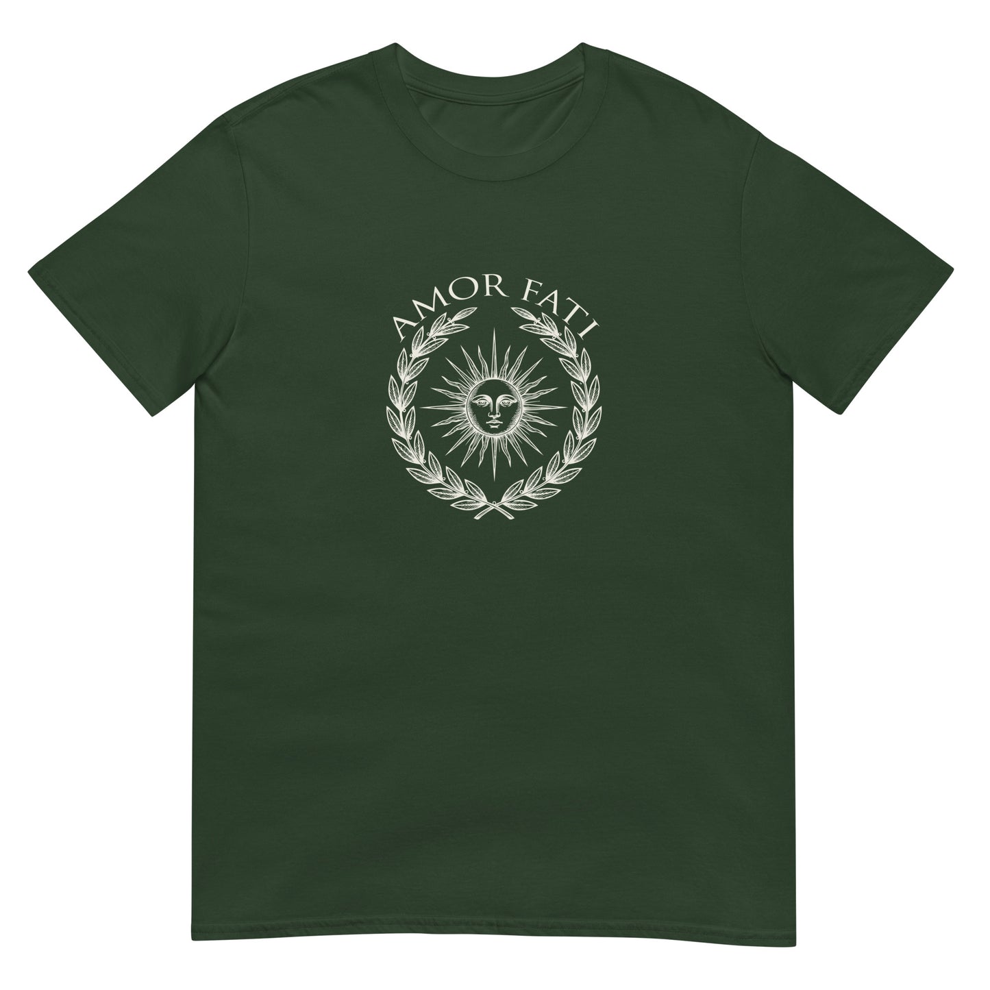 Forest green classical Stoic philosophy t-shirt design featuring a radiant sun centered within a laurel wreath, rendered in an engraved vintage style emblem representing Amor Fati acceptance and Stoic wisdom.