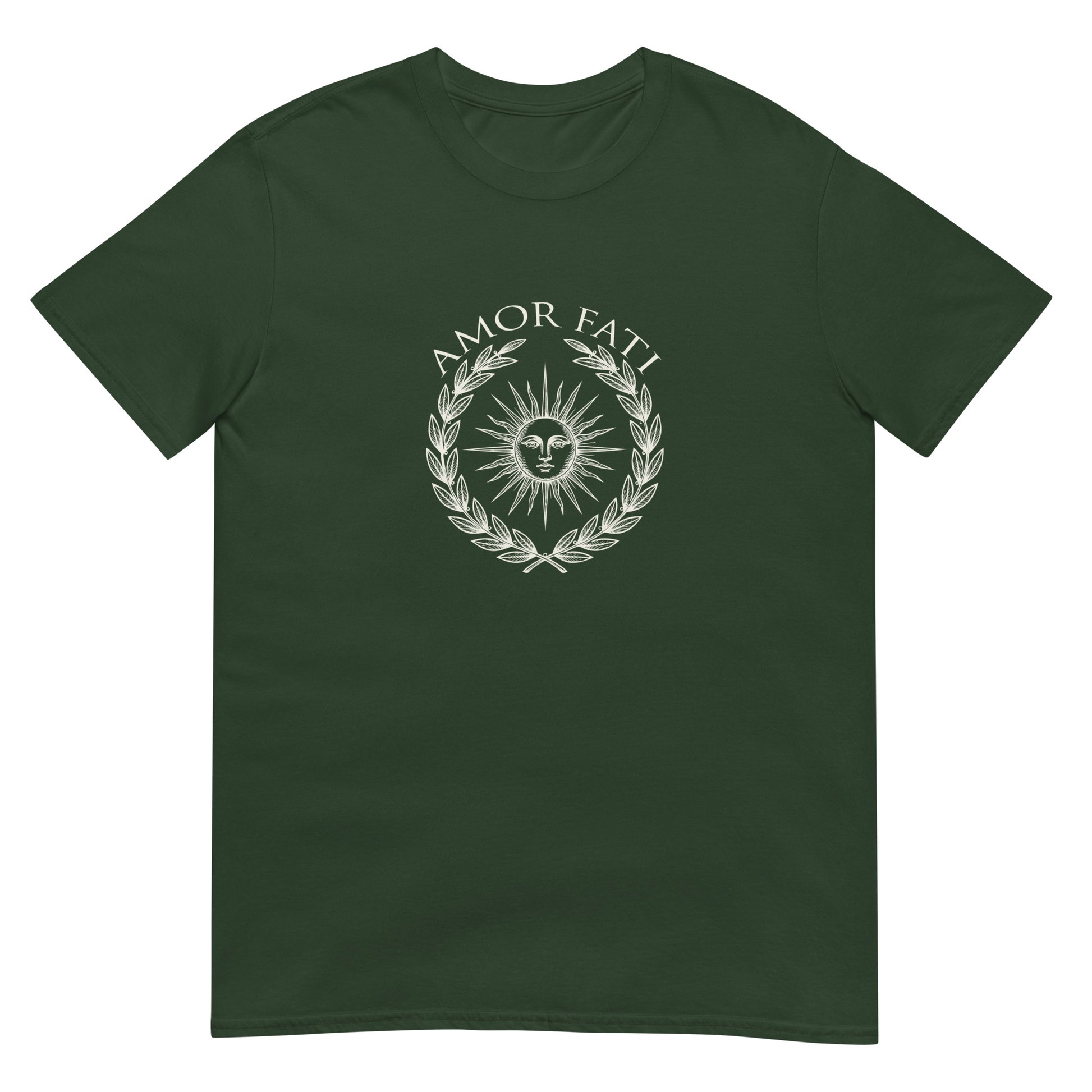 Forest green classical Stoic philosophy t-shirt design featuring a radiant sun centered within a laurel wreath, rendered in an engraved vintage style emblem representing Amor Fati acceptance and Stoic wisdom.